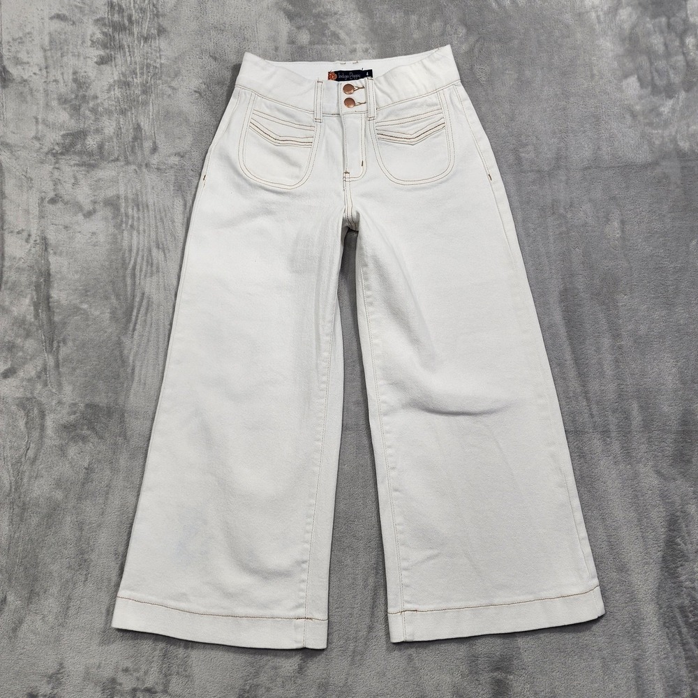 Indigo Poppy Jeans Womens 4 Cream High Rise Cropped Wide Leg Stretch Denim‎